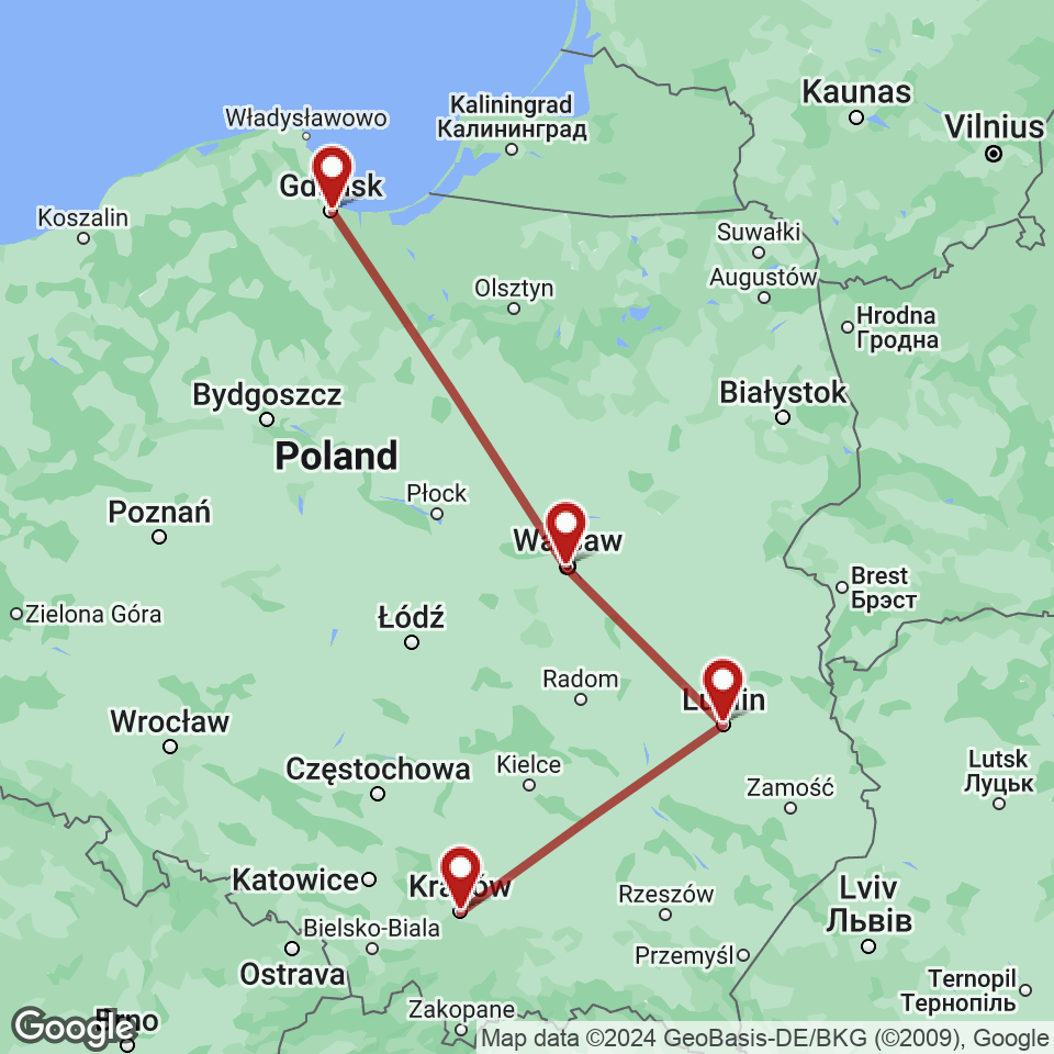 Route for Gdansk, Warsaw, Lublin, Krakow tour
